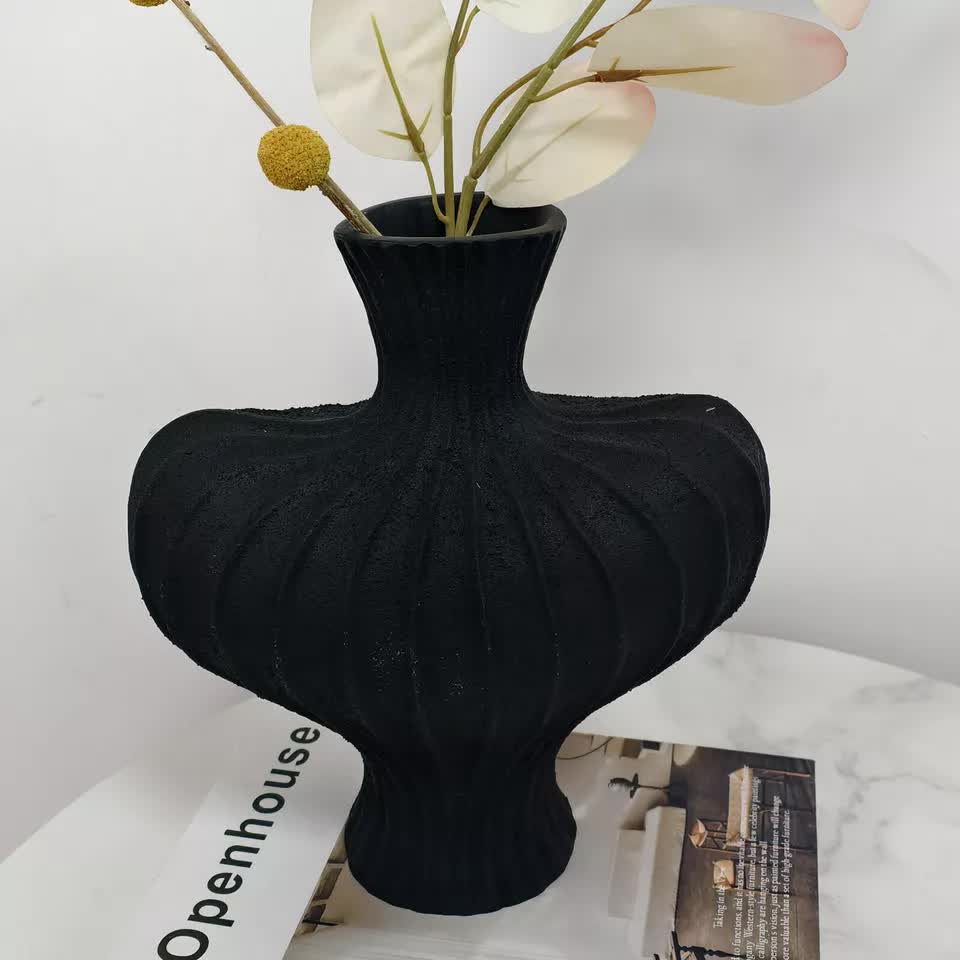 P&P Black Nordic Resin Flower Vase with Textured Design, Boho Wabi-Sabi Artistic Decor V767-JJ-HP1736-BK