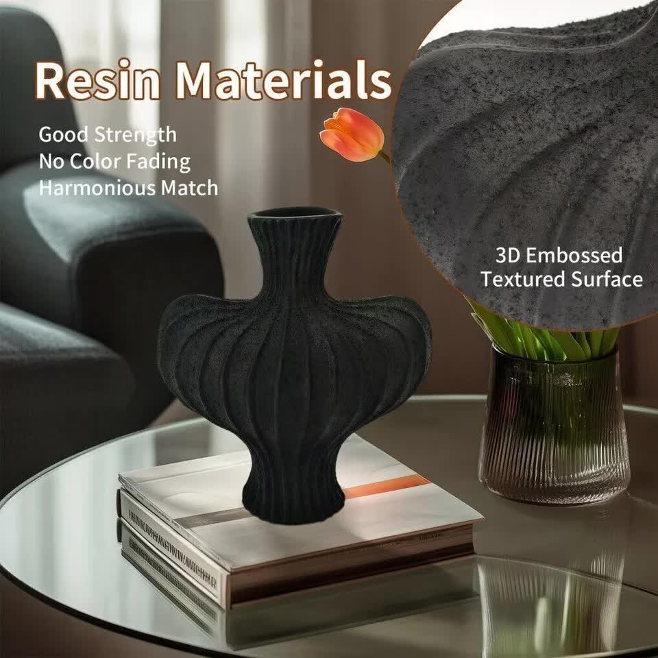 P&P Black Nordic Resin Flower Vase with Textured Design, Boho Wabi-Sabi Artistic Decor V767-JJ-HP1736-BK
