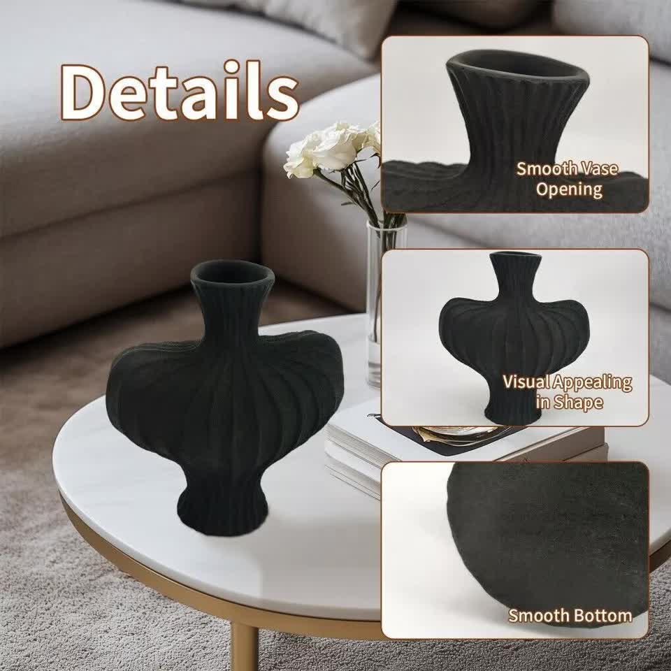 P&P Black Nordic Resin Flower Vase with Textured Design, Boho Wabi-Sabi Artistic Decor V767-JJ-HP1736-BK