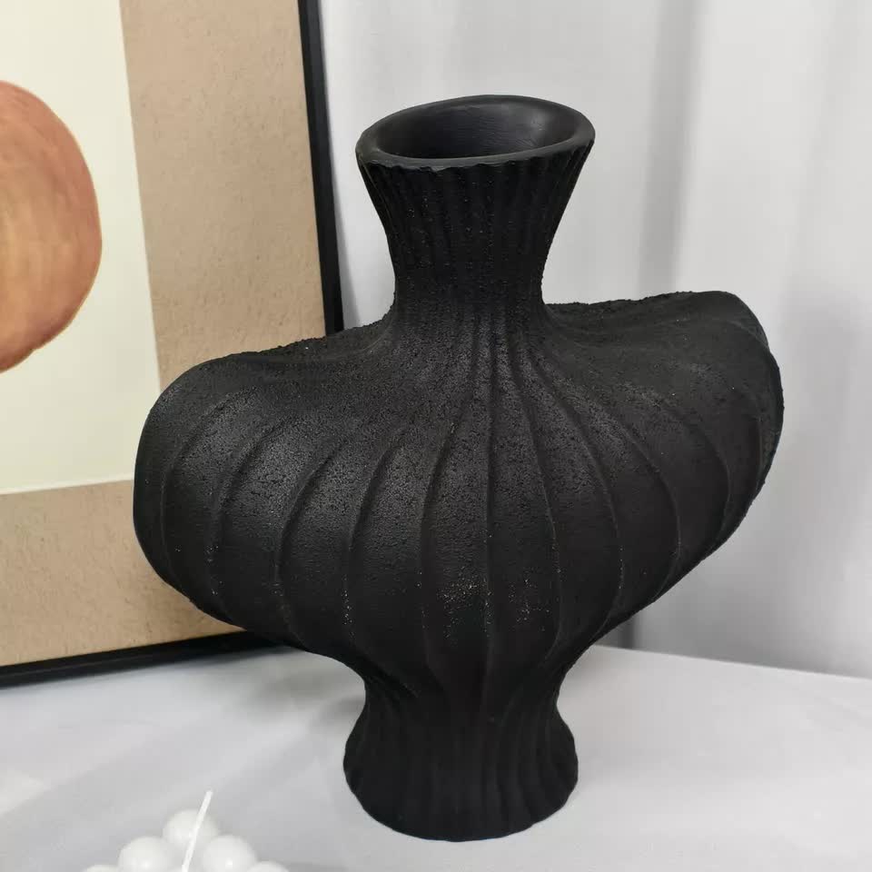 P&P Black Nordic Resin Flower Vase with Textured Design, Boho Wabi-Sabi Artistic Decor V767-JJ-HP1736-BK