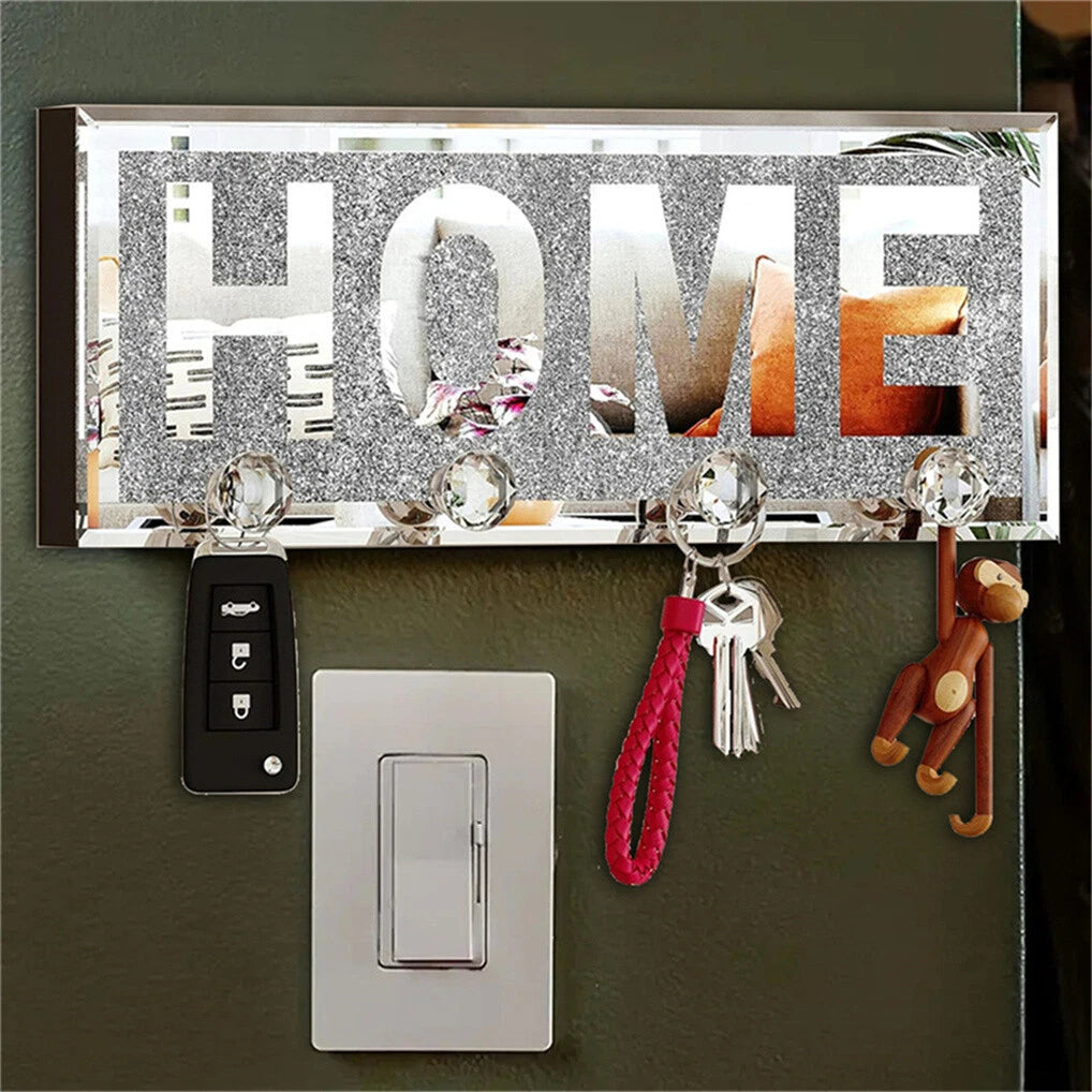 Crushed Diamond Mirrored Wall Mounted Key Hooks Storage Holder HOME Letter Sign Home Decor V767-JJ-XM1117