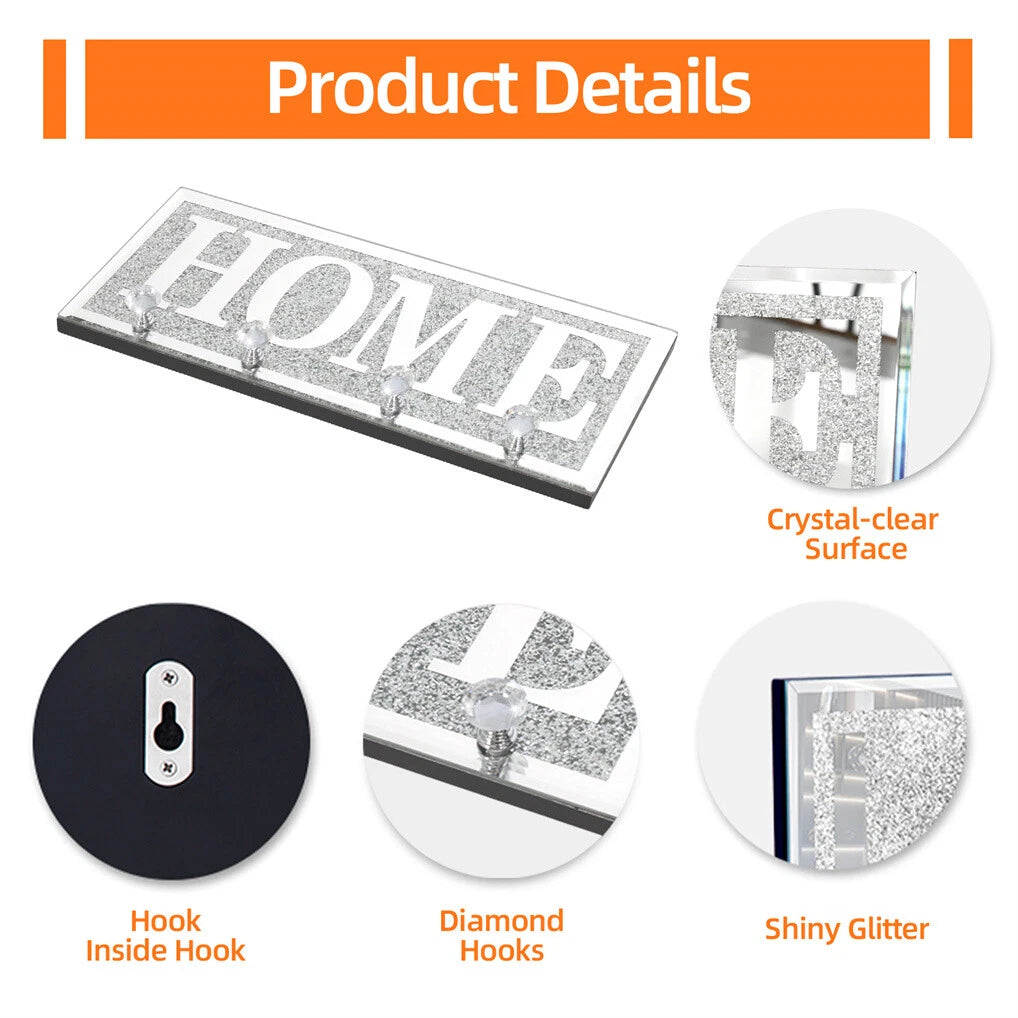 Crushed Diamond Mirrored Wall Mounted Key Hooks Storage Holder HOME Letter Sign Home Decor V767-JJ-XM1117