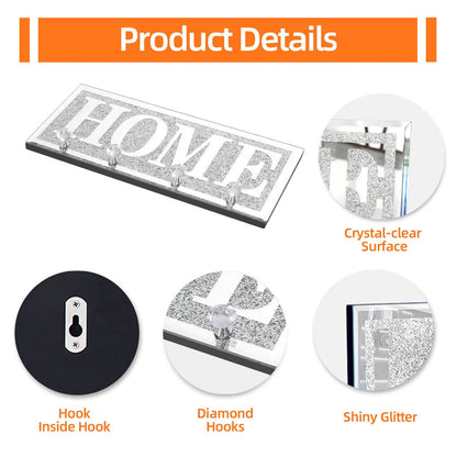 Crushed Diamond Mirrored Wall Mounted Key Hooks Storage Holder HOME Letter Sign Home Decor V767-JJ-XM1117