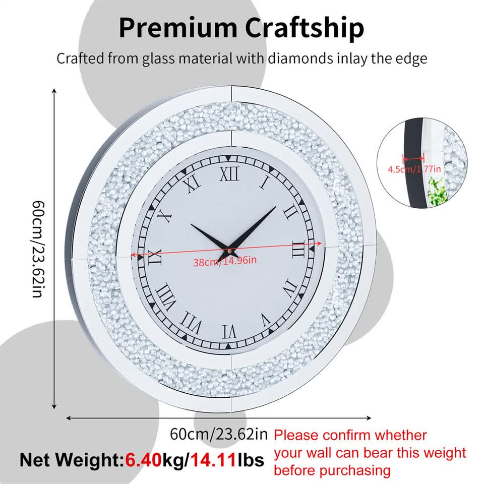 P&P Silver Crushed Diamond Square Wall Clock Luxury Decorative 60x60cm V767-JJ-XM1369-SR60