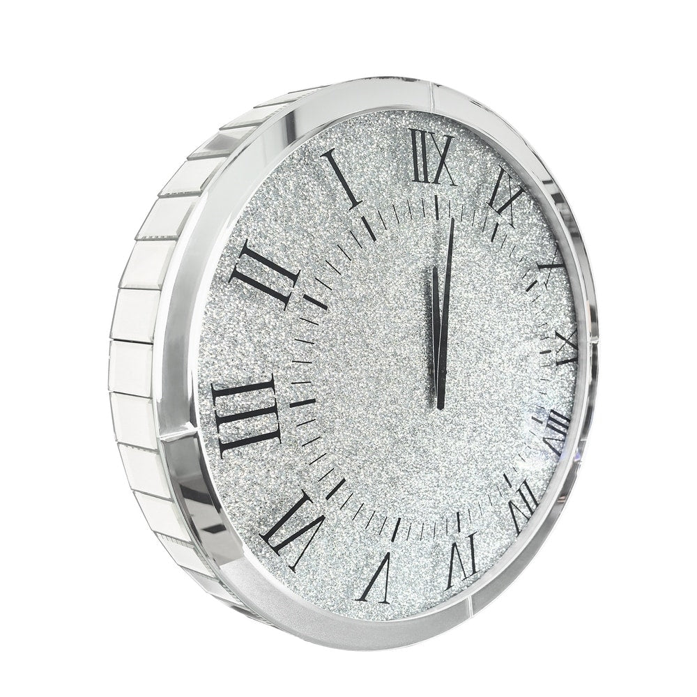 Large Silver Wall Clock Twinkle Crushed Diamond Mirrored Clock With Beveled Edge V767-JJ-XM1369-SR80
