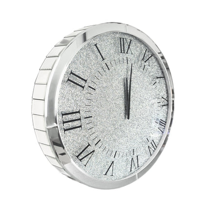 Large Silver Wall Clock Twinkle Crushed Diamond Mirrored Clock With Beveled Edge V767-JJ-XM1369-SR80