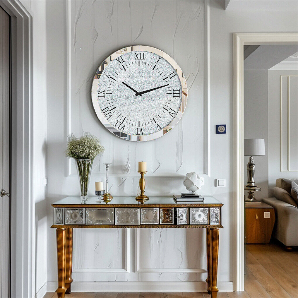 Large Silver Wall Clock Twinkle Crushed Diamond Mirrored Clock With Beveled Edge V767-JJ-XM1369-SR80