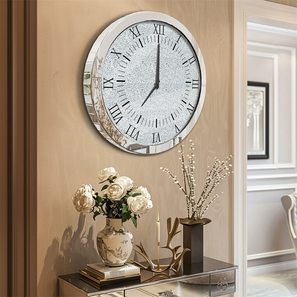 Large Silver Wall Clock Twinkle Crushed Diamond Mirrored Clock With Beveled Edge V767-JJ-XM1369-SR80