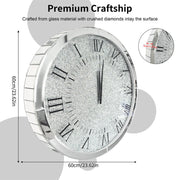 Large Silver Wall Clock Twinkle Crushed Diamond Mirrored Clock With Beveled Edge V767-JJ-XM1369-SR80