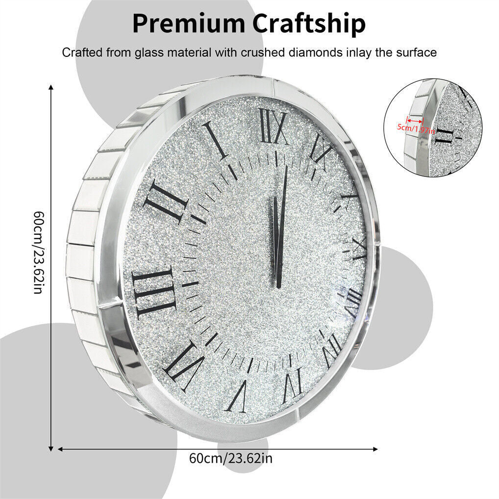 Large Silver Wall Clock Twinkle Crushed Diamond Mirrored Clock With Beveled Edge V767-JJ-XM1369-SR80