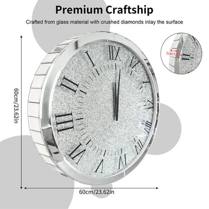 Large Silver Wall Clock Twinkle Crushed Diamond Mirrored Clock With Beveled Edge V767-JJ-XM1369-SR80