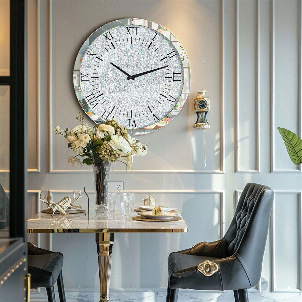 Large Silver Wall Clock Twinkle Crushed Diamond Mirrored Clock With Beveled Edge V767-JJ-XM1369-SR80