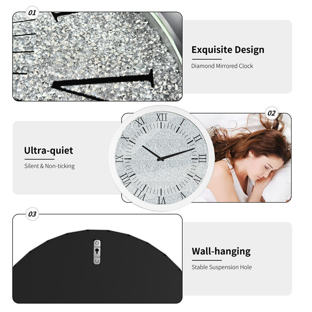 Large Silver Wall Clock Twinkle Crushed Diamond Mirrored Clock With Beveled Edge V767-JJ-XM1369-SR80
