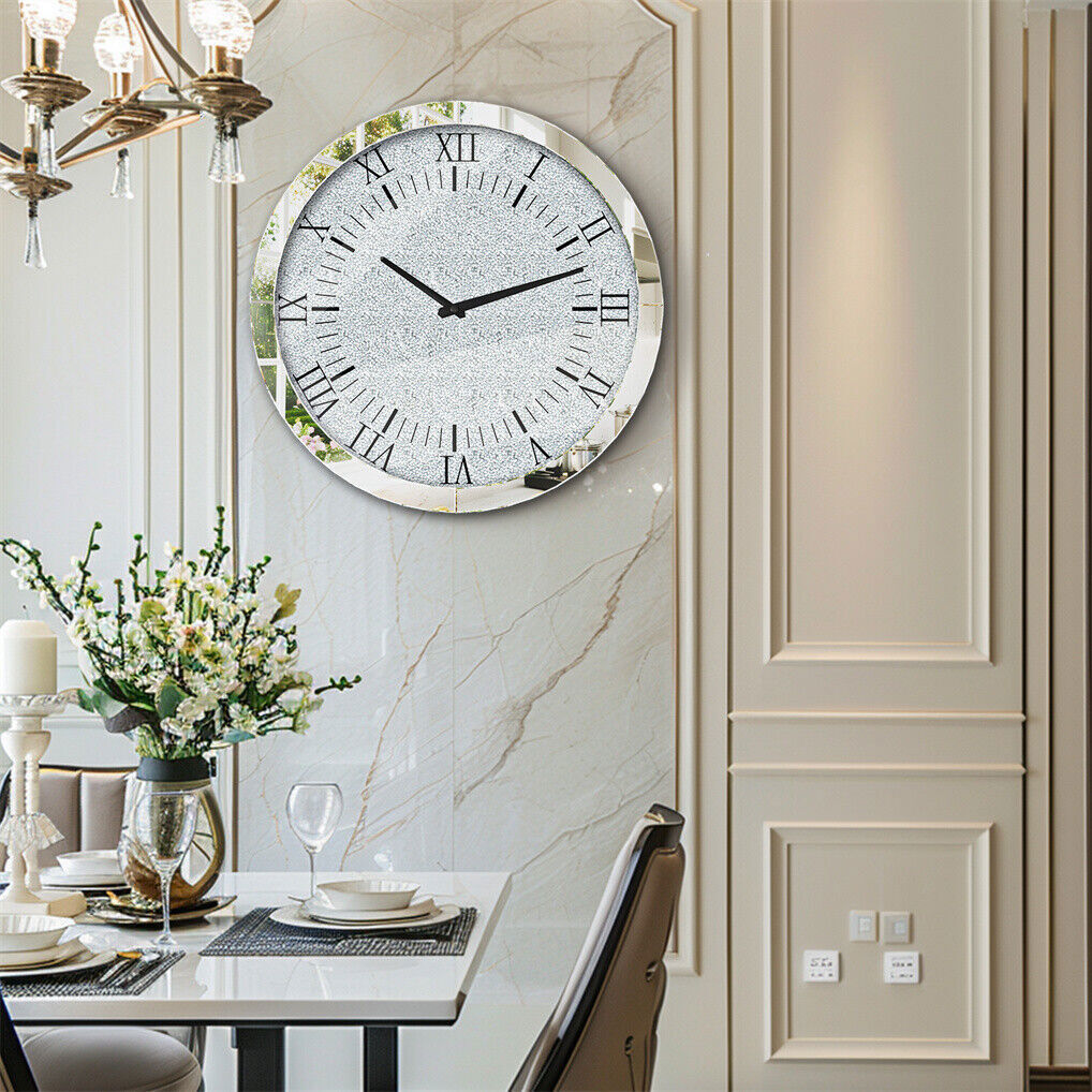Large Silver Wall Clock Twinkle Crushed Diamond Mirrored Clock With Beveled Edge V767-JJ-XM1369-SR80
