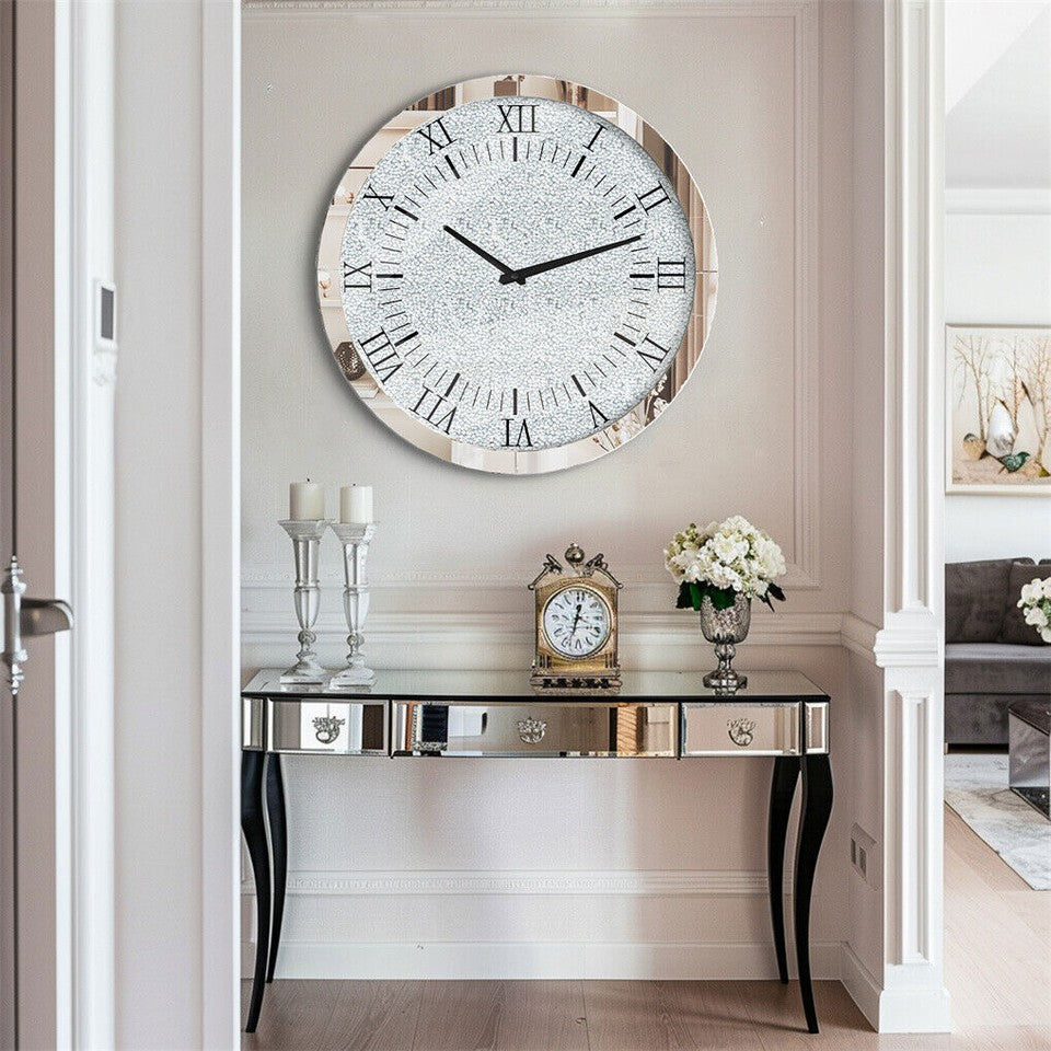 Large Silver Wall Clock Twinkle Crushed Diamond Mirrored Clock With Beveled Edge V767-JJ-XM1369-SR80