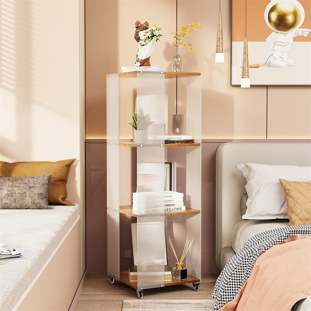 4-Tiered Floor Standing Storage Rack Acrylic Bookshelf with Crystal-like Casters V767-JJ-XM1462