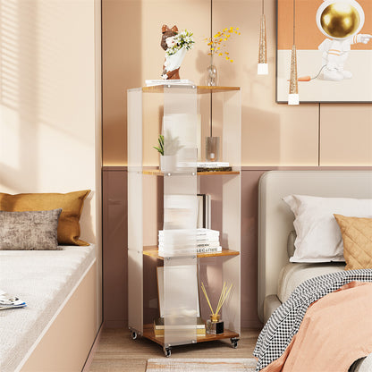 4-Tiered Floor Standing Storage Rack Acrylic Bookshelf with Crystal-like Casters V767-JJ-XM1462