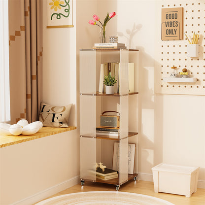 4-Tiered Floor Standing Storage Rack Acrylic Bookshelf with Crystal-like Casters V767-JJ-XM1462
