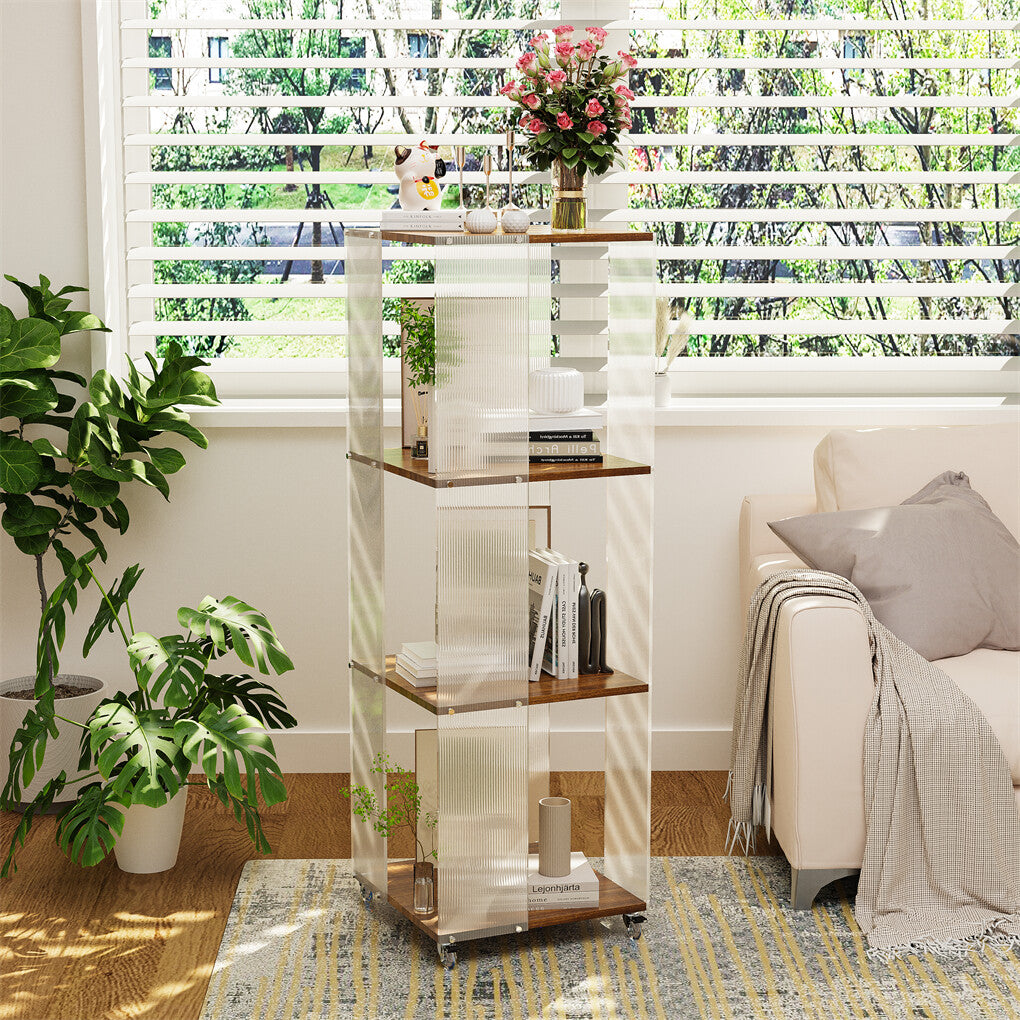 4-Tiered Floor Standing Storage Rack Acrylic Bookshelf with Crystal-like Casters V767-JJ-XM1462