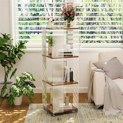 4-Tiered Floor Standing Storage Rack Acrylic Bookshelf with Crystal-like Casters V767-JJ-XM1462