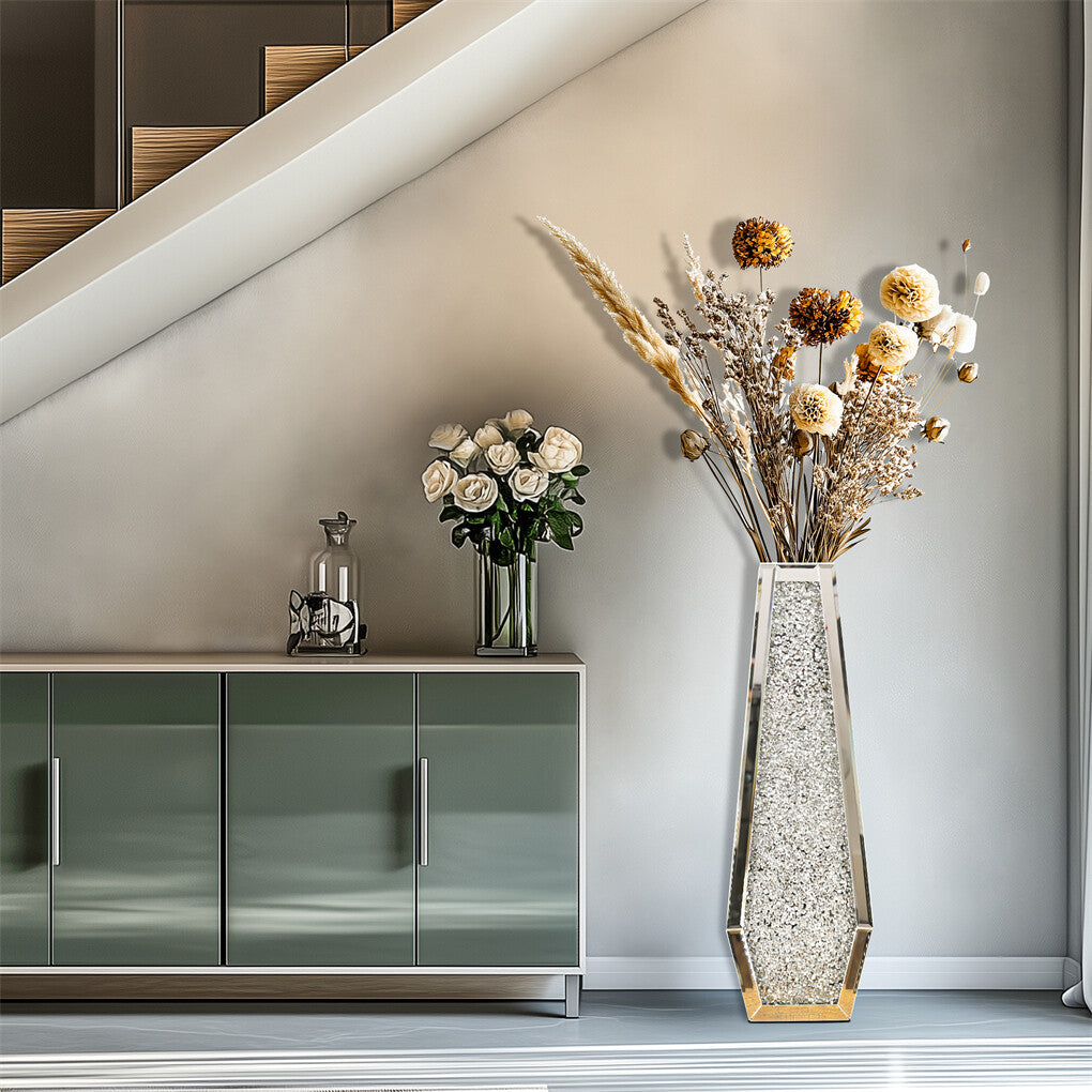 Silver Mirrored Floor Vase Luxury Diamond Flower Vase Living Room Home Office V767-JJ-XM1718