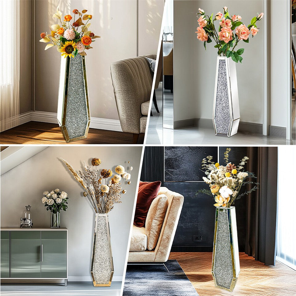 Silver Mirrored Floor Vase Luxury Diamond Flower Vase Living Room Home Office V767-JJ-XM1718
