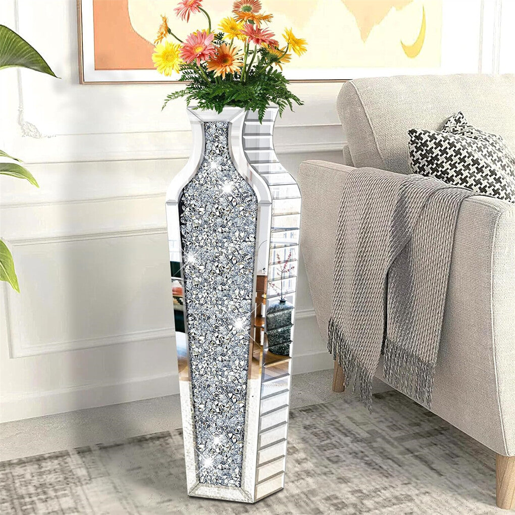 Sparkling Crushed Diamond Mirrored Floor Vase Tall Silver Glass Fake Flower Vase V767-JJ-XM1719