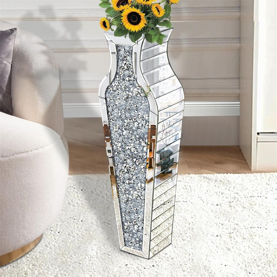 Sparkling Crushed Diamond Mirrored Floor Vase Tall Silver Glass Fake Flower Vase V767-JJ-XM1719
