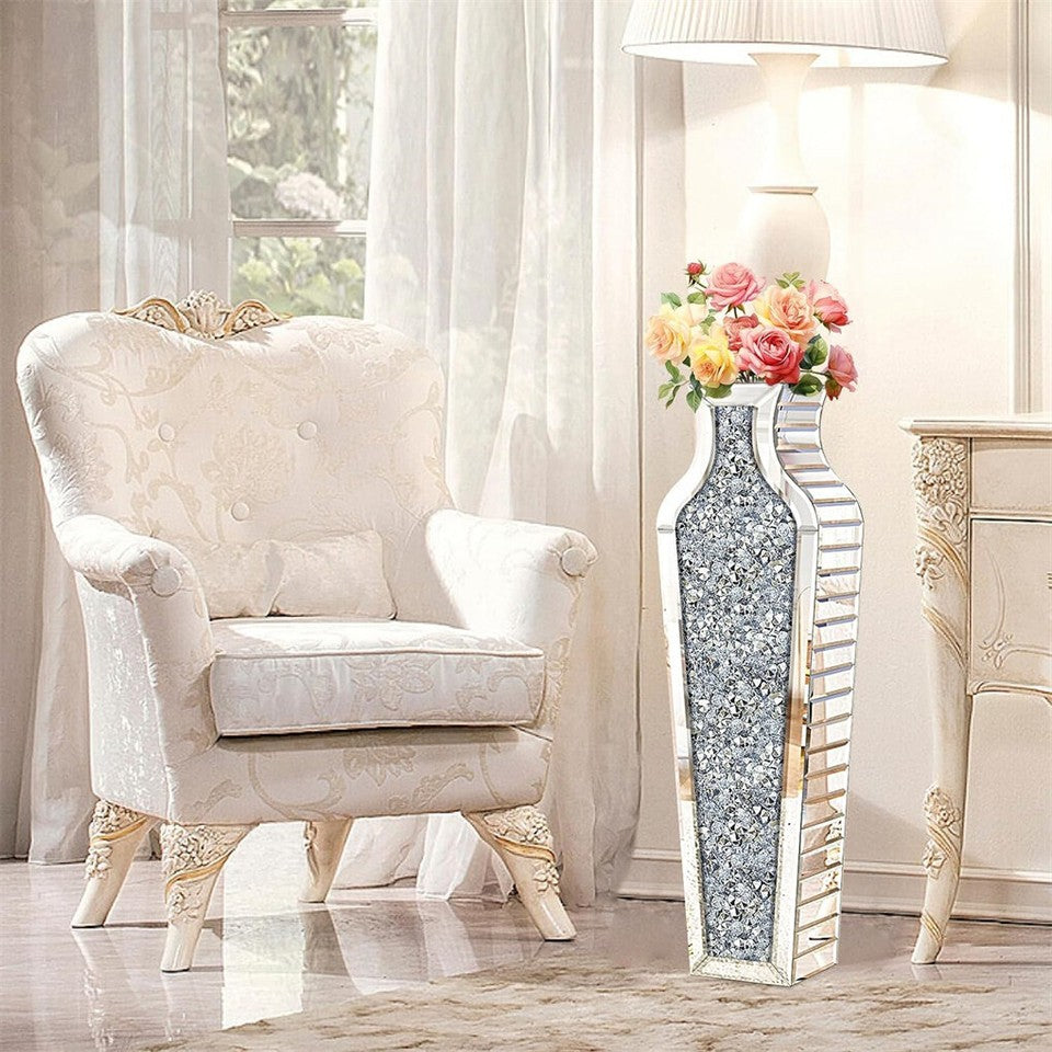 Sparkling Crushed Diamond Mirrored Floor Vase Tall Silver Glass Fake Flower Vase V767-JJ-XM1719