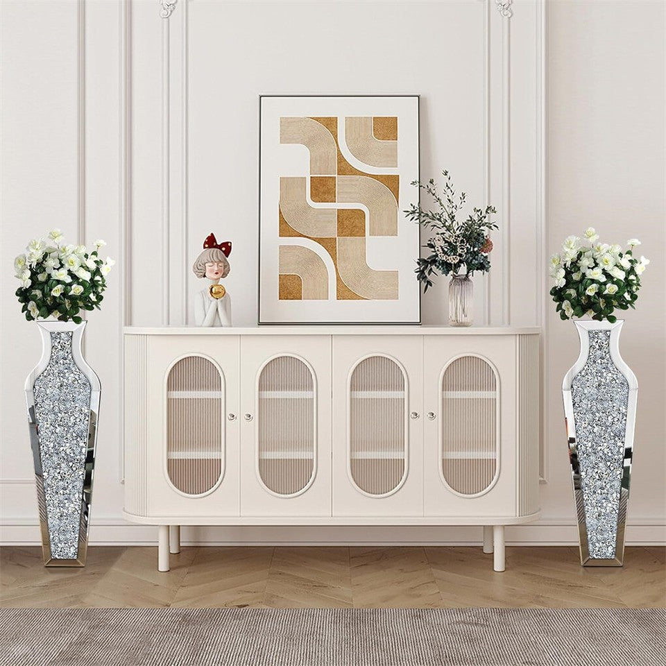 Sparkling Crushed Diamond Mirrored Floor Vase Tall Silver Glass Fake Flower Vase V767-JJ-XM1719