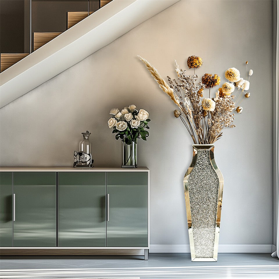 Sparkling Crushed Diamond Mirrored Floor Vase Tall Silver Glass Fake Flower Vase V767-JJ-XM1719