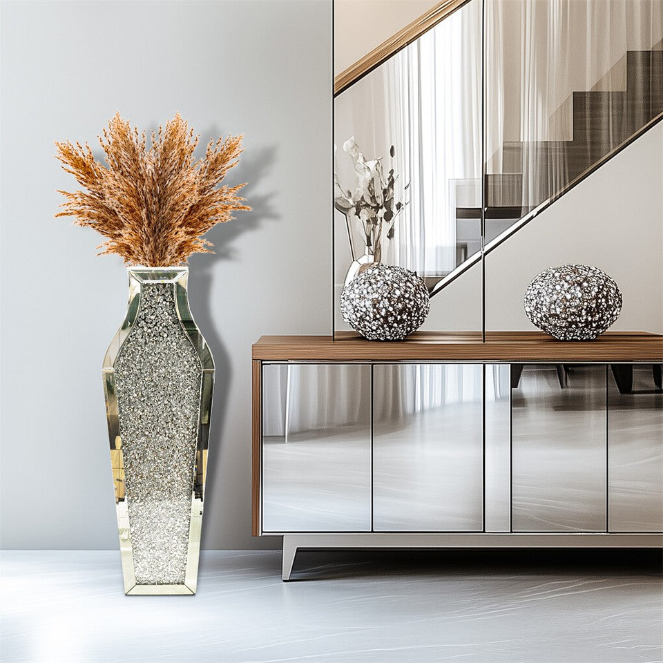 Sparkling Crushed Diamond Mirrored Floor Vase Tall Silver Glass Fake Flower Vase V767-JJ-XM1719