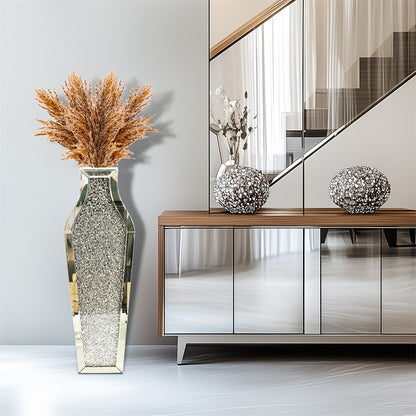 Sparkling Crushed Diamond Mirrored Floor Vase Tall Silver Glass Fake Flower Vase V767-JJ-XM1719