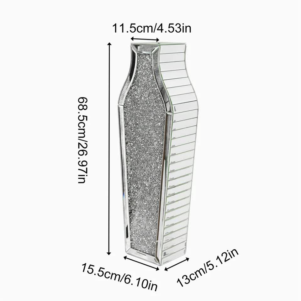 Sparkling Crushed Diamond Mirrored Floor Vase Tall Silver Glass Fake Flower Vase V767-JJ-XM1719