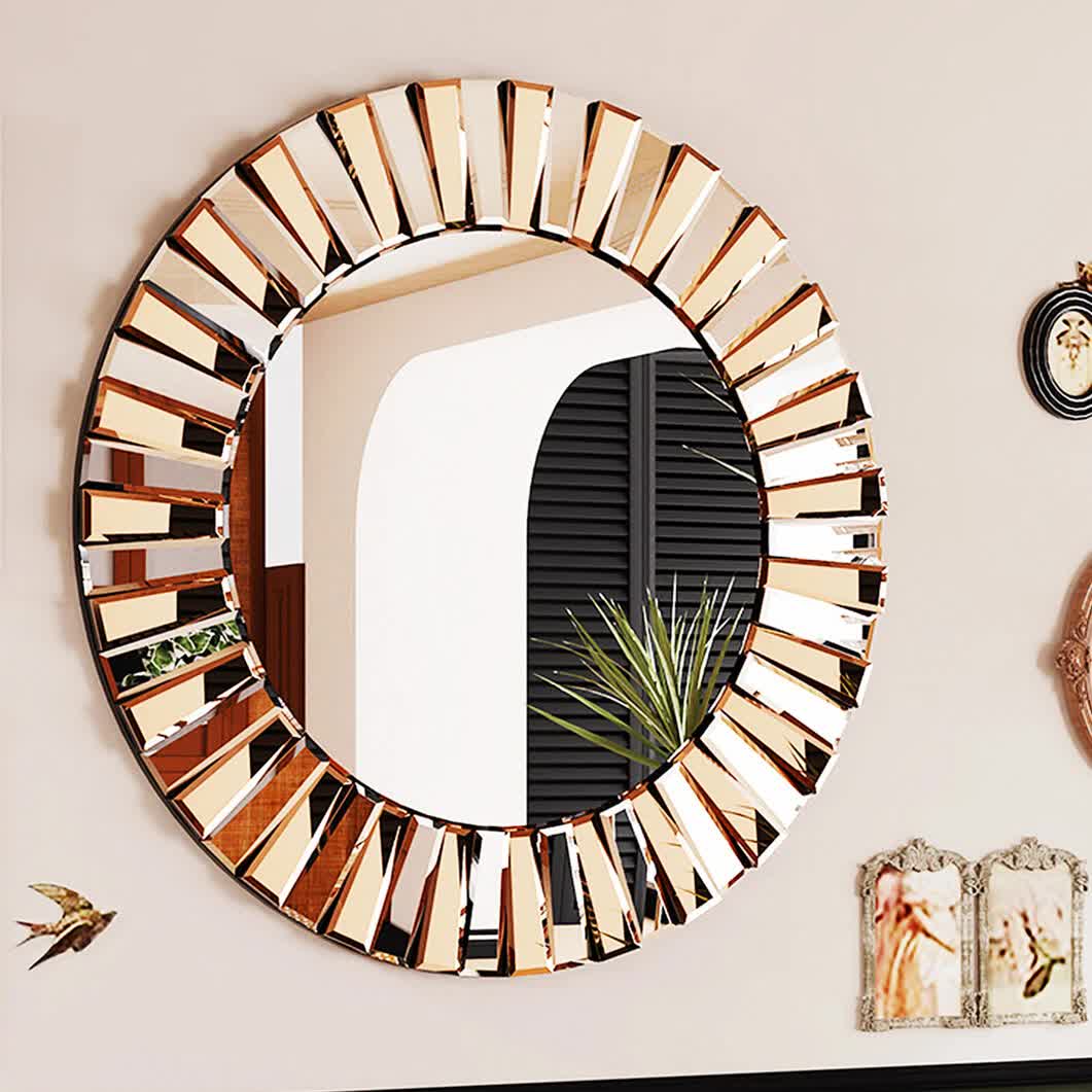 P&P Silver and Tawny Round Sunburst Mirror with Beveled Glass, Decorative Wall Accent V767-JJ-XM962-M-V1