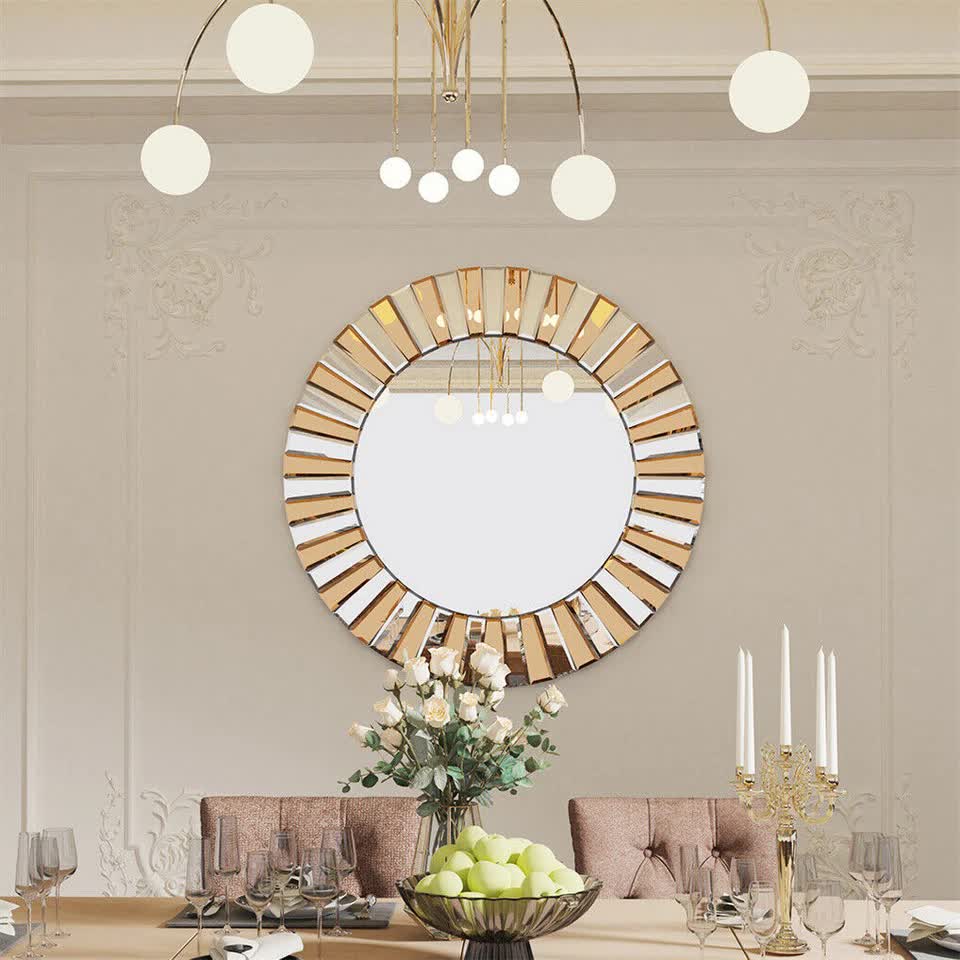 P&P Silver and Tawny Round Sunburst Mirror with Beveled Glass, Decorative Wall Accent V767-JJ-XM962-M-V1
