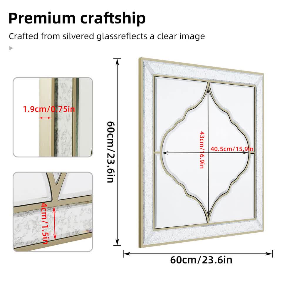 High-grade Unique Decorative Accent Mirror Elegant Square Wall Silver HD Mirror V767-JJ-XM963-60CM