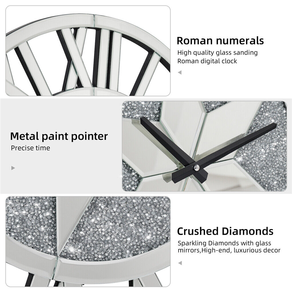 Sparkle Twinkle Crystal Diamond Wall Clock Silver Mirror Wall Decor Big Clocks V767-JJ-XM967