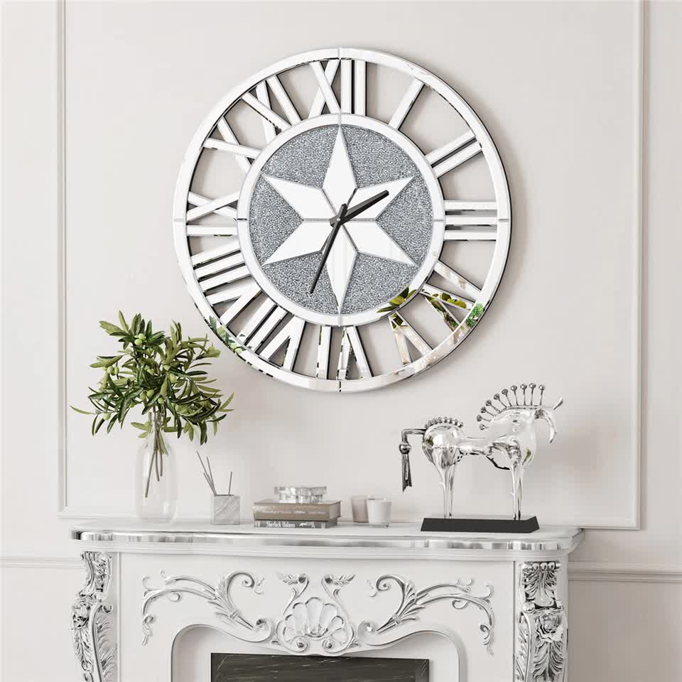 Sparkle Twinkle Crystal Diamond Wall Clock Silver Mirror Wall Decor Big Clocks V767-JJ-XM967