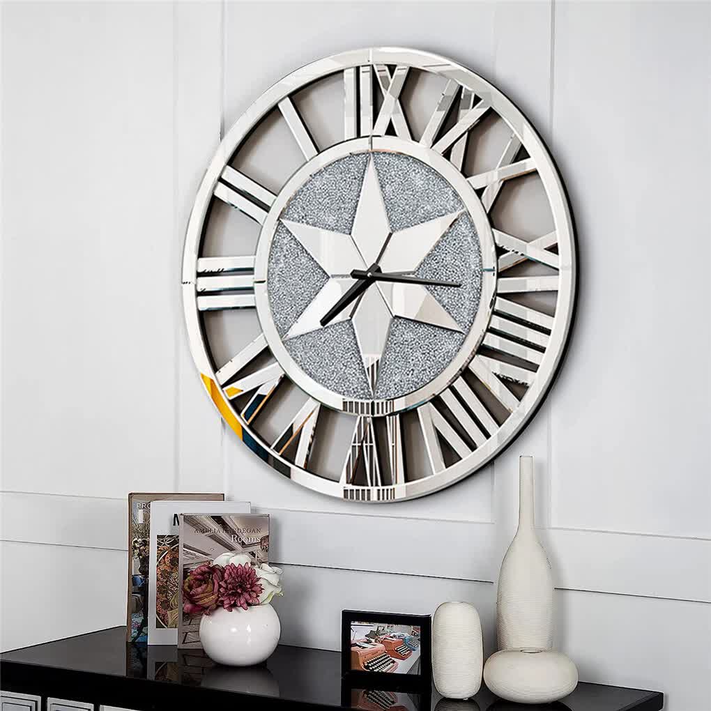 Sparkle Twinkle Crystal Diamond Wall Clock Silver Mirror Wall Decor Big Clocks V767-JJ-XM967