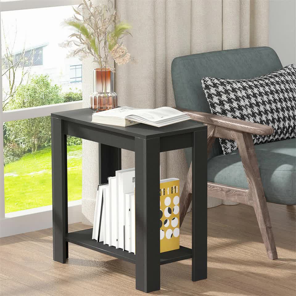 Rustic 2 Tier Side Table Open Accent Table Bedside Storage Slim Coffee End Table V767-JJ-XT411-G1