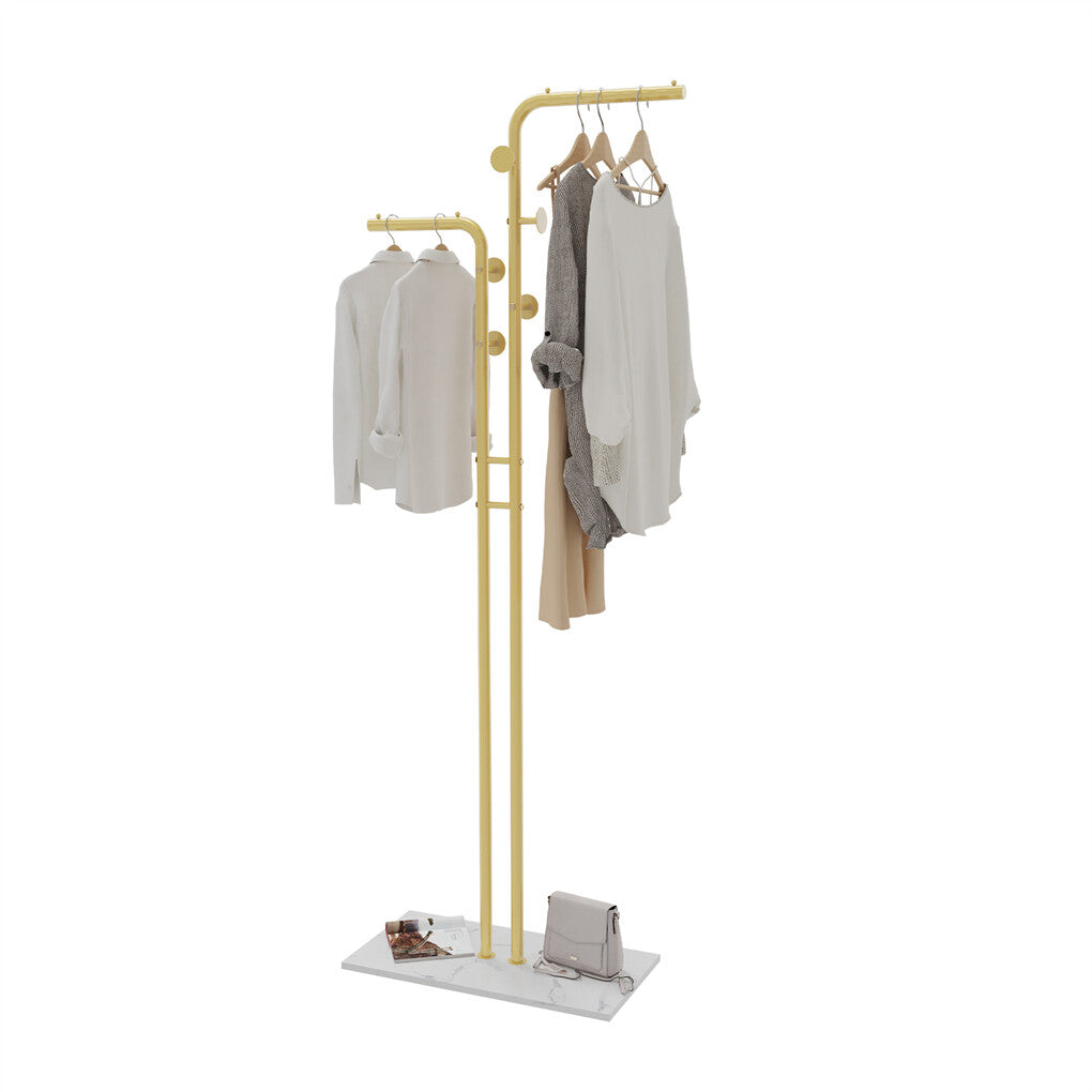 Double Pole Metal Coat Rack with Marble Base - Free Standing Clothes and Hat Stand AU V767-JJ-XY1247-G1