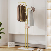 Double Pole Metal Coat Rack with Marble Base - Free Standing Clothes and Hat Stand AU V767-JJ-XY1247-G1