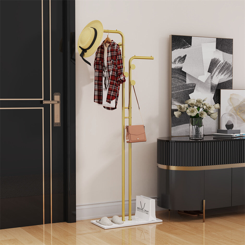 Double Pole Metal Coat Rack with Marble Base - Free Standing Clothes and Hat Stand AU V767-JJ-XY1247-G1