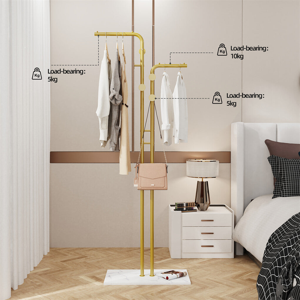 Double Pole Metal Coat Rack with Marble Base - Free Standing Clothes and Hat Stand AU V767-JJ-XY1247-G1