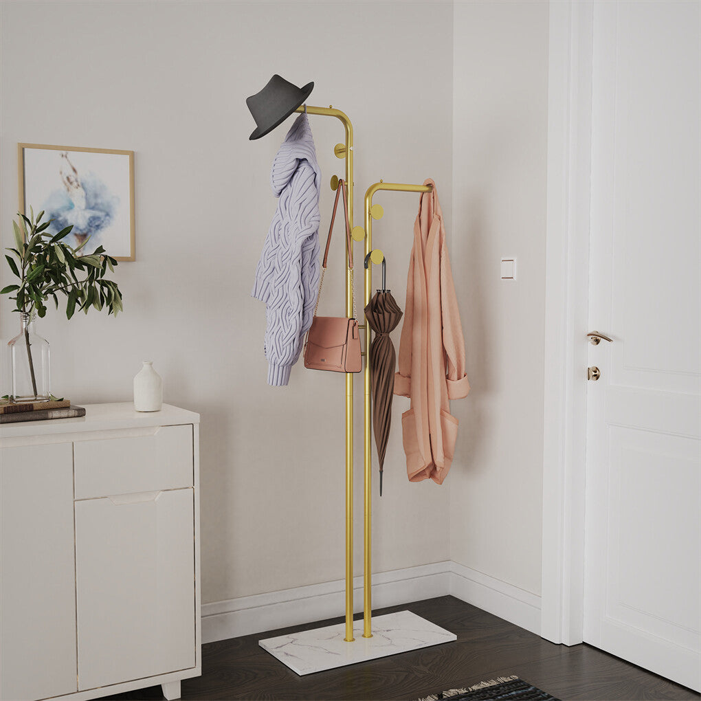 Double Pole Metal Coat Rack with Marble Base - Free Standing Clothes and Hat Stand AU V767-JJ-XY1247-G1