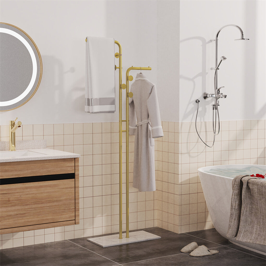 Double Pole Metal Coat Rack with Marble Base - Free Standing Clothes and Hat Stand AU V767-JJ-XY1247-G1