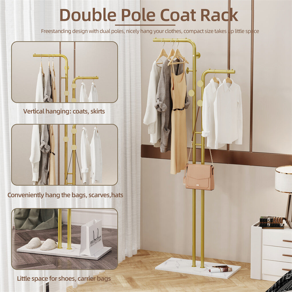 Double Pole Metal Coat Rack with Marble Base - Free Standing Clothes and Hat Stand AU V767-JJ-XY1247-G1