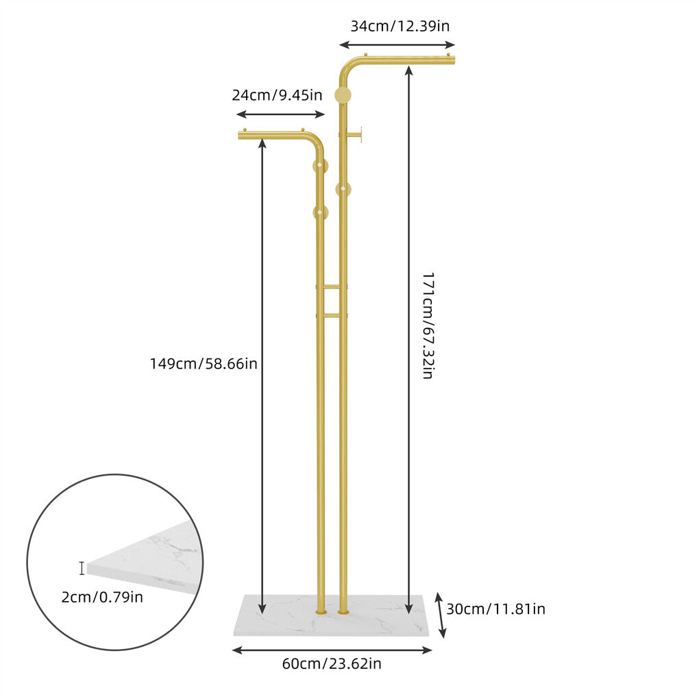 Double Pole Metal Coat Rack with Marble Base - Free Standing Clothes and Hat Stand AU V767-JJ-XY1247-G1