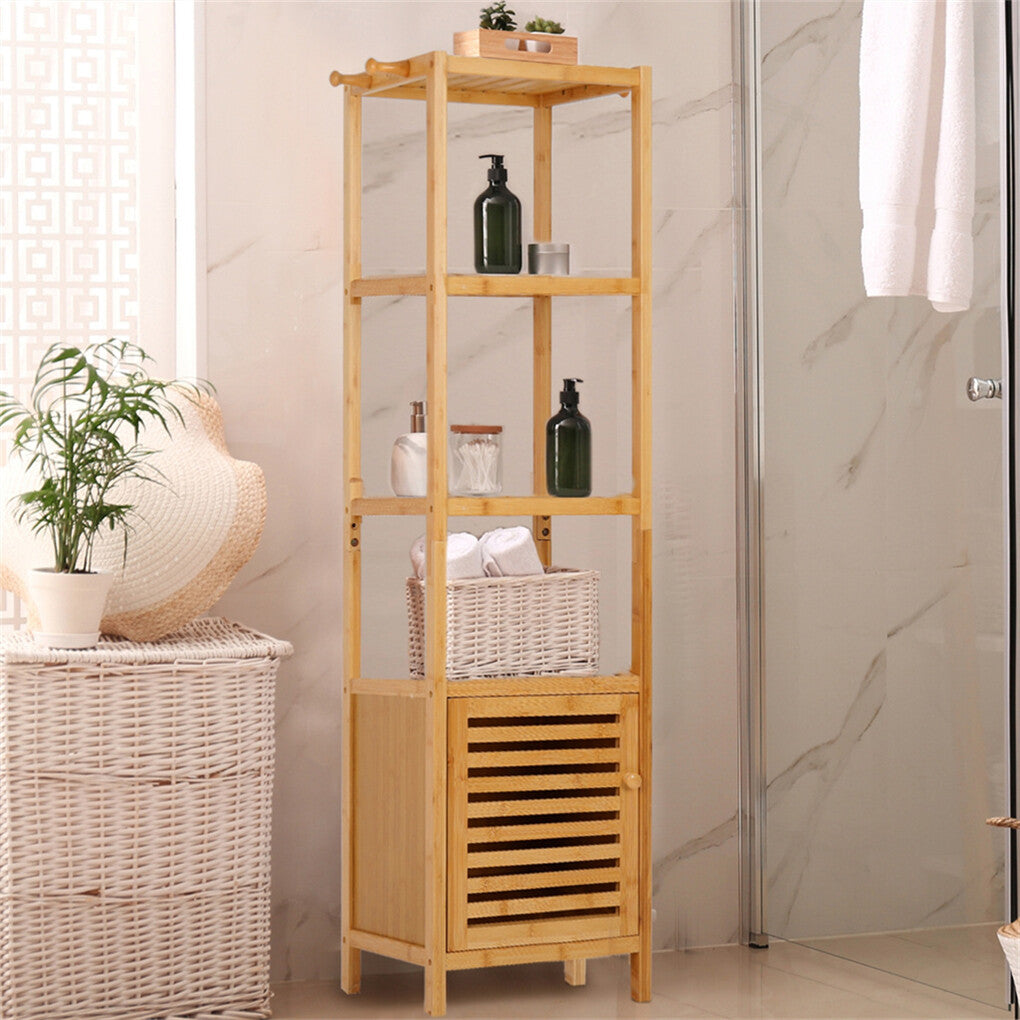 Large Bathroom Floor Cabinet Bamboo Storage Cupboard Living Room w/ Hook & Shelf V767-JJ-XZ1142